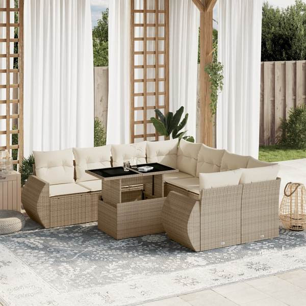 vidaXL 9-tlg. Garten-Sofagarnitur mit Kissen Beige Poly Rattan, UV-beständig, 3268428