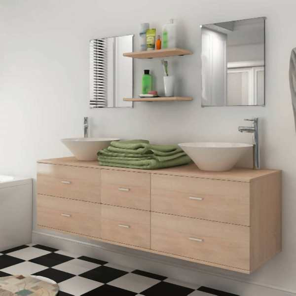 vidaXL 9-tlg. Badmöbel-Set mit Waschbecken und Wasserhahn Beige, 273690