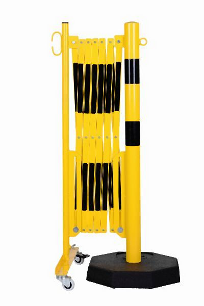 CRASH STOP Scherengitter gelb-schwarz 3,6m mit Pfosten Ø60mm und mobiler Fußplatte, 70-85