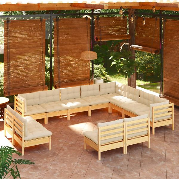 vidaXL 12-teilig Garten-Lounge-Set mit Creme Kissen Massivholz Kiefer, 3096875