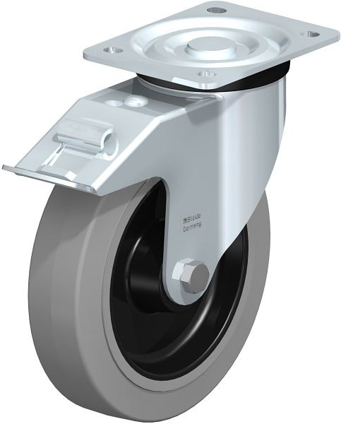 Blickle L-POEV 200XR-FI-SG Stahlblech-Lenkrolle, mittelschwere Ausführung, mit Anschraubplatte & Feststeller, Elastik-Vollgummi, Grau, 845474