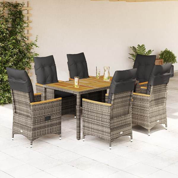 vidaXL 7-tlg. Garten-Essgruppe mit Kissen Grau Poly Rattan, UV-beständig, 3276847