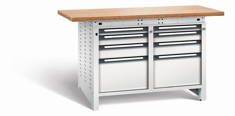 Otto Kind Werkbank Serie function Typ 216, Multiplexplatte 40 mm, überstehend, 2x Unterbau + Zentralverschluss, komplett RAL 7035, 072346217
