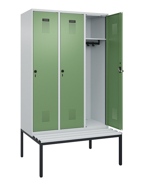 C+P Spind Evolo PLUS, 3 Abteile, 2120x1200x815mm, 7035/6011, Haken 4, Drehriegel, Sitzfläche Kunststoff, Sitzbank, 0490507-32 S10064