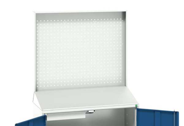 bott verso Economy Pult mit perfo Rückwand, mit 2 Fachböden, 1 Schublade, BxTxH: 1050 x550 x 2000 mm, Lichtgrau / Enzianblau, 16929216.11