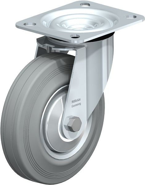 Blickle LE-VE 125R-SG-FA Stahlblech-Lenkrolle mit Anschraubplatte, Vollgummi, Grau, 351270