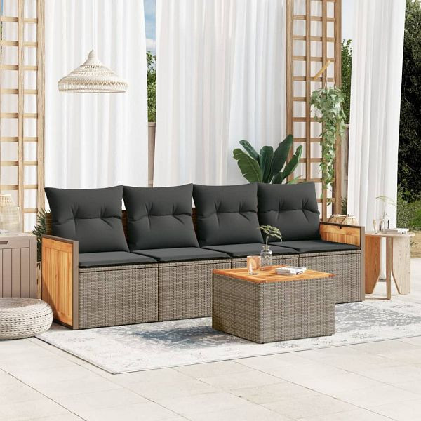 vidaXL 5-teilig Garten-Sofagarnitur mit Kissen Grau Poly Rattan, 3259862