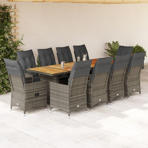 vidaXL 11-tlg. Garten-Bistro-Set mit Kissen Grau Poly Rattan, 3277238
