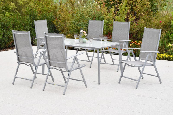 Merxx Amalfi Set 7-teilig, 6 Amalfi Klappsessel, Rückenlehne verstellbar, 1 Tisch 150 x 90 cm, matte Glasplatte, Silber/diamantbraun, 50879-330