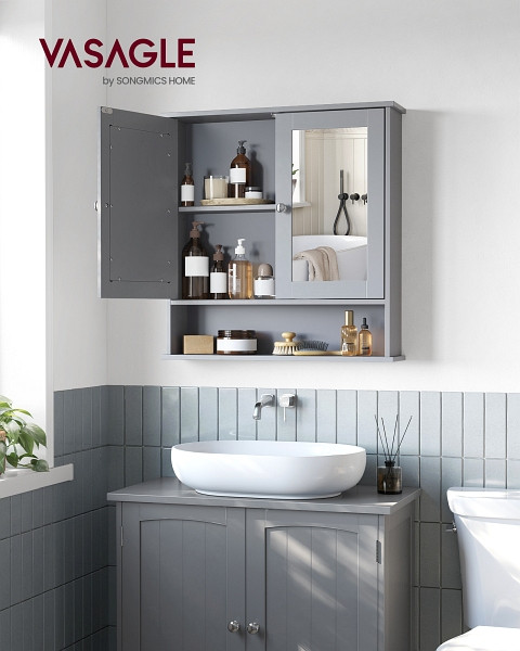 SONGMICS Spiegelschrank, Hell Grau, 56,5x13x58,5 cm, LHC002G02