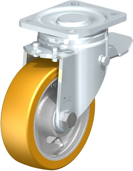 Blickle LH-GTH 125K-1-ST Stahlblech-Lenkrolle, Schwerlast-Ausführung, mit Anschraubplatte & Feststeller, Blickle Extrathane®, Hellbraun, 286682