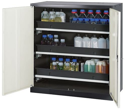 asecos Chemikalienschrank Systema-T CS-103, Korpus anthrazit, Flügeltüren weiß, 3 Tablarauszüge, 208869