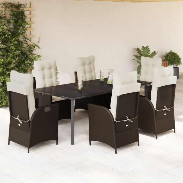vidaXL 7-tlg. Garten-Essgruppe mit Kissen Braun Poly Rattan, UV-beständig, 3213211