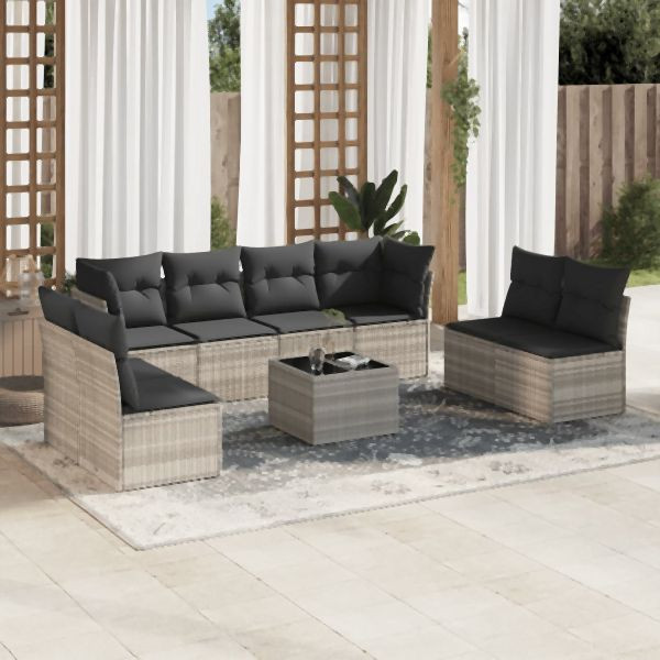 vidaXL 9-tlg. Garten-Sofagarnitur mit Kissen Hellgrau Poly Rattan, 3217462