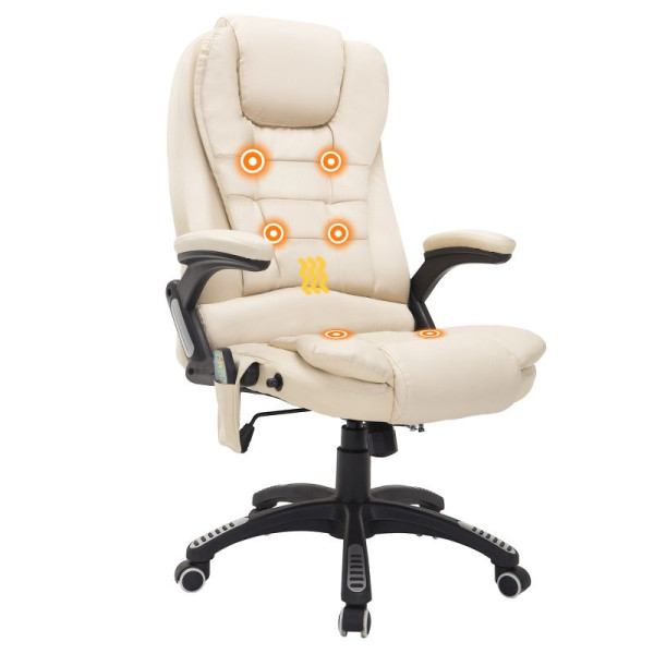 HOMCOM Bürostuhl mit MAssagefunktion, Wärmefunktion, höhenverstellbar, Kippfunktion, Massage-Bürostuhl, Cremeweiß + Schwarz, A2-0057