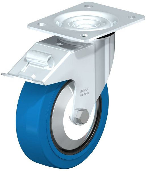 Blickle LE-POEV 160R-FI-SB-FA Stahlblech-Lenkrolle mit Anschraubplatte & Feststeller, Elastik-Vollgummi, Blau, 749629