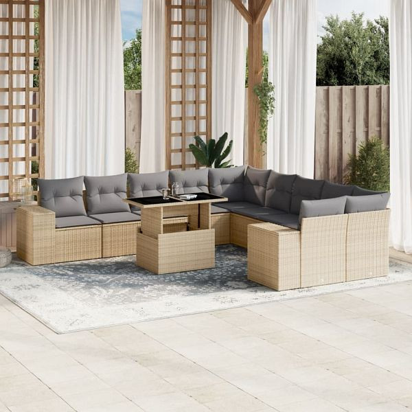 vidaXL 11-teilig Garten-Sofagarnitur mit Kissen Beige Poly Rattan, 3269429