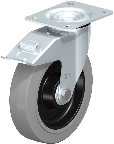 Blickle LE-POEV 200K-FI-SG Stahlblech-Lenkrolle mit Anschraubplatte & Feststeller, Elastik-Vollgummi, Grau, 475210