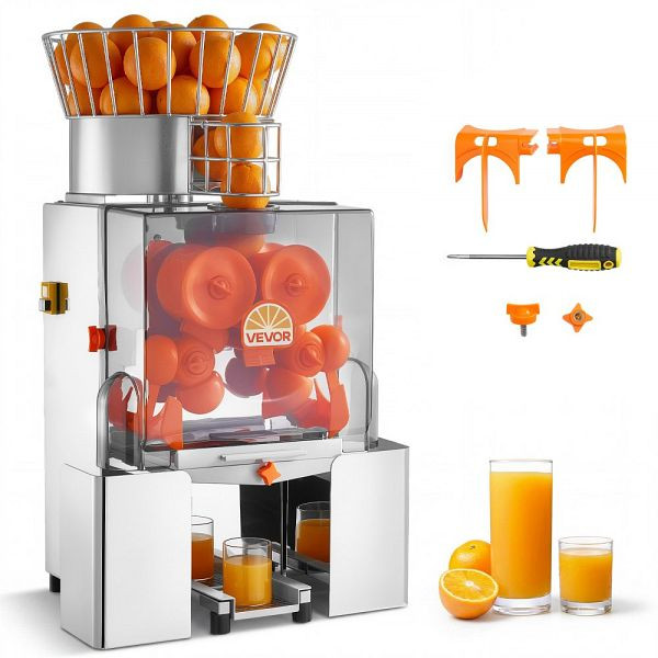 VEVOR Gewerbliche Edelstahl Orangenpresse 120W, für bis zu 20 Orangen/Min, mit 2 Schalenbehältern, PC-Abdeckung, QZDJLCZJ120W3ZS8N001V2