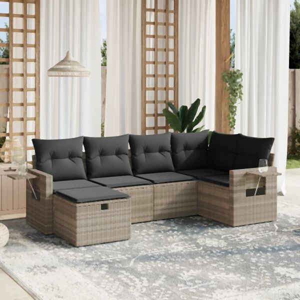 vidaXL 6-tlg. Garten-Sofagarnitur mit Kissen Hellgrau Poly Rattan, 3263798