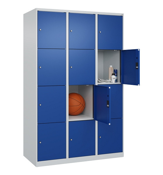 C+P Schließfachschrank Evolo PLUS, 12 Fächer, 1850x1200x500mm, 7035/5010, Abteile 3, Abteilbreite 400 mm, 049000-324 S10006