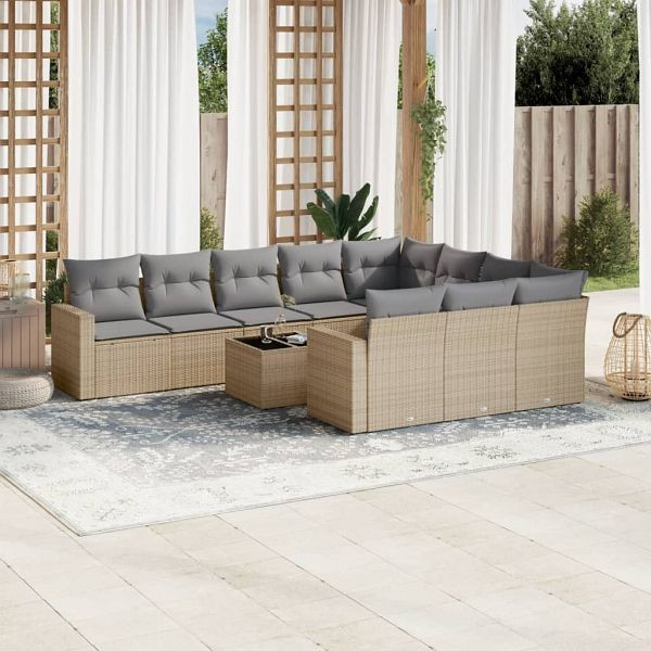 vidaXL 11-tlg. Garten-Sofagarnitur mit Kissen Beige Poly Rattan, 3219489