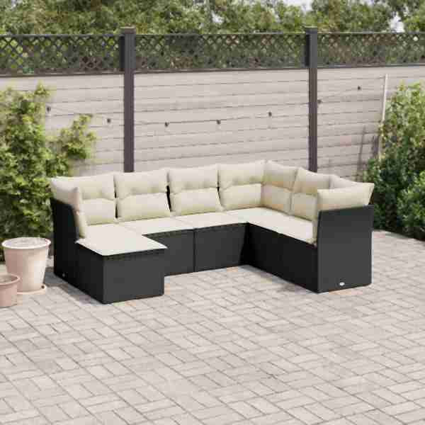 vidaXL 7-tlg. Garten-Sofagarnitur mit Kissen Schwarz Poly Rattan, UV-beständig, 3249825