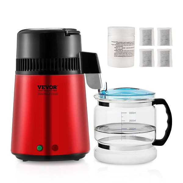 VEVOR Wasser Destilliergerät, 4 L Reinwasser Filter für Haus Arbeitsplatte, 750 W destilliertes Wasser, Edelstahl Innenraum, Rot 1 l/h, BXGZLSJJH4LD7H83YV2