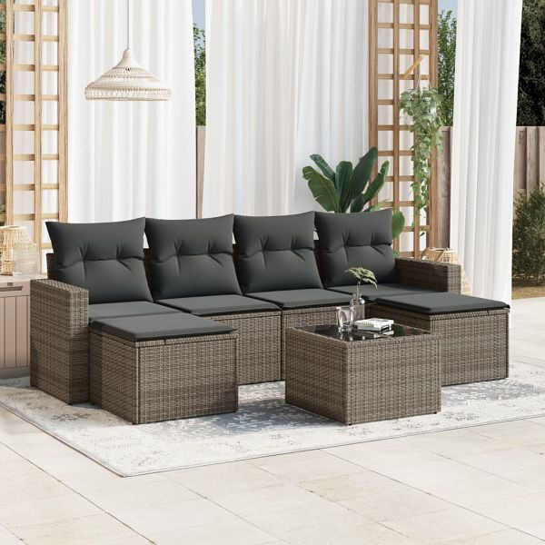 vidaXL 7-tlg. Garten-Sofagarnitur mit Kissen Grau Poly Rattan, 3251667
