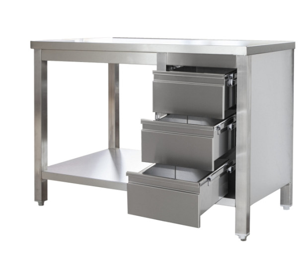 A&S Gastro Edelstahl Arbeitstisch mit Schubladenblock rechts verschweißt, Tiefe 800mm, mit Grundboden, AISI 304, 1200 x 800 x 850 mm, ARTGSR128