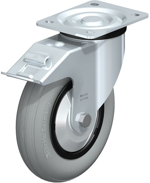 Blickle L-VWPP 200R-FI-SG-FA Stahlblech-Lenkrolle, mittelschwere Ausführung, mit Anschraubplatte & Feststeller, Weichgummi, Grau, 849957