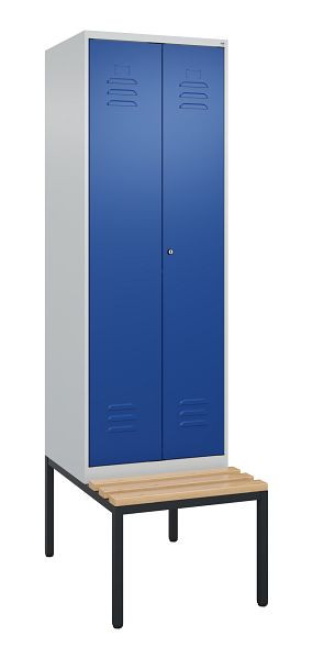 C+P Umkleidespind Classic PLUS SW, 2 Abteile, 2120x600x815mm, 7035/5010, Zylinderschloss, mit untergebauter Sitzbank, Buche-Sitzleisten, 0800527-20 S10047