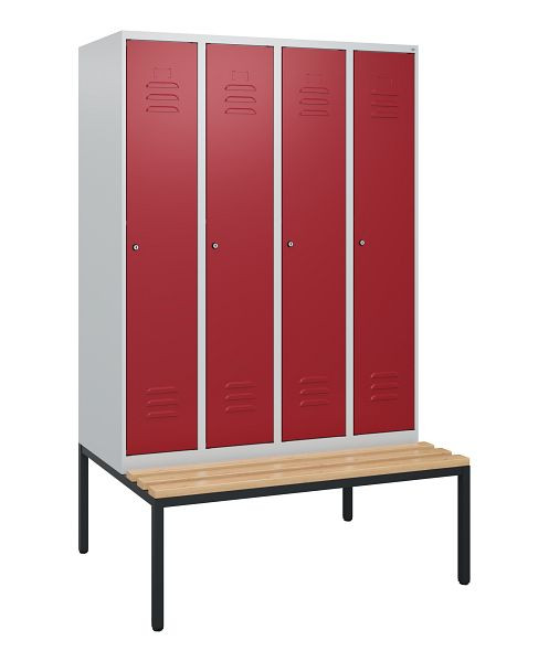 C+P Umkleidespind Classic PLUS, mit untergebauter Sitzbank, 4 Abteile, 1950x1200x815mm, 7035/3003, Zylinderschlösser, Buche-Sitzleisten, 0800505-40 S10016