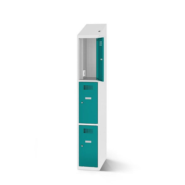 Rotstahl Fächerschrank, 3 Fächer, Stollenfüße, mit Ladefunktion, Schrägdach, Korpus: lichtgrau, Türen: türkisblau, 2180-010300-0402112-7035-5018