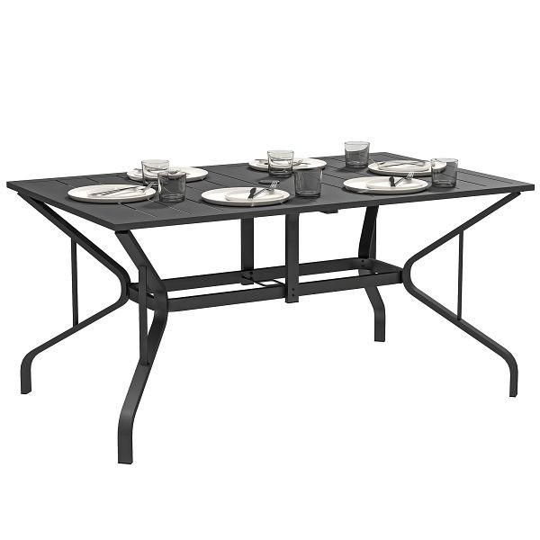 Outsunny Gartentisch Stahl 150x90 cm Wetterfest Balkontisch mit Schirmloch, Lamellen-Design für 6 Personen Schwarz, 84G-294V00BK
