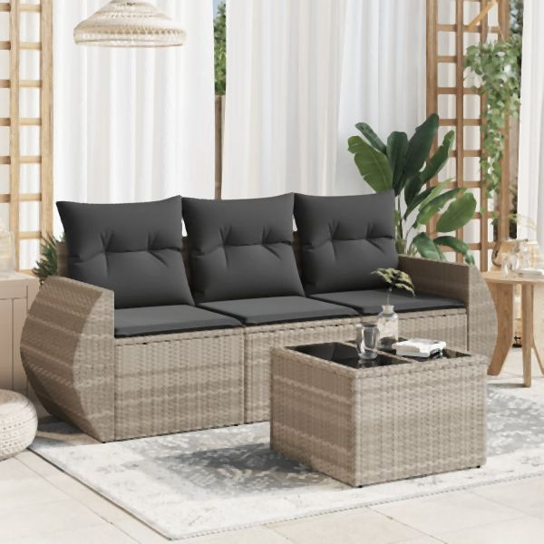 vidaXL 4-tlg. Garten-Sofagarnitur mit Kissen Hellgrau Poly Rattan, 3221071