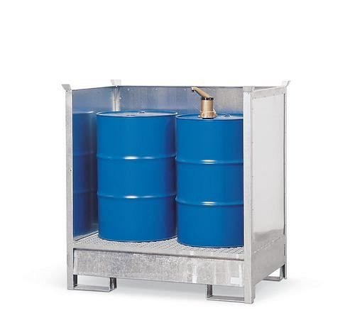 DENIOS Gefahrstoffstation 2 P2-O aus Stahl, verzinkt, für 2 Fässer à 200 Liter, 3 Wände, stapelbar, 114484