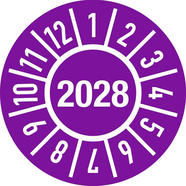 Moedel Prüfplakette Jahr 2028 mit Monaten, Folie, Ø 25 mm, VE: 500 Stück/Rolle, 106233
