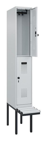 C+P Doppelstock-Spind Evolo PLUS, Bank, 2 Fächer, 2120x300x815mm, 7035/7035, Drehriegel, Sitzfläche Kunststoff, 0493407-10 S10094