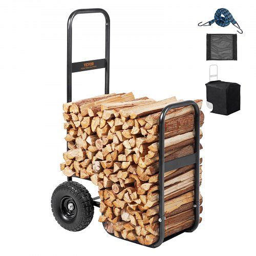 VEVOR Kaminholzwagen 67x52x110cm Pulverbeschichteter Stahl mit 266,7-mm-Gummirädern Max. 113,4kg inkl. Bungee-Seil Bodennetz, DCCH43XH27XWHHAHJV0