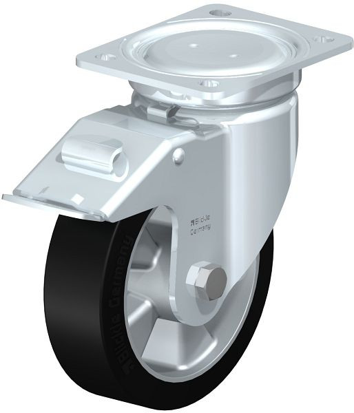 Blickle LU-ALEV 160K-FI Stahlblech-Lenkrolle, schwere, geschlossene Ausführung, mit Anschraubplatte & Feststeller, Elastik-Vollgummi, Schwarz, 759157