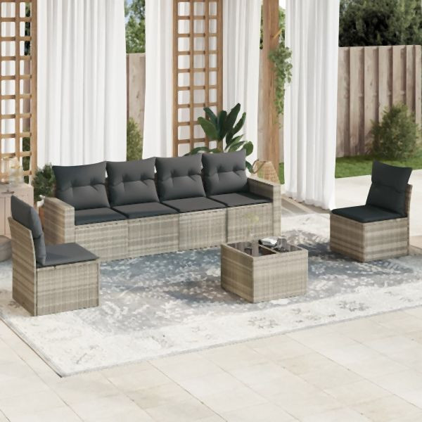 vidaXL 7-tlg. Garten-Sofagarnitur mit Kissen Hellgrau Poly Rattan, 3251159