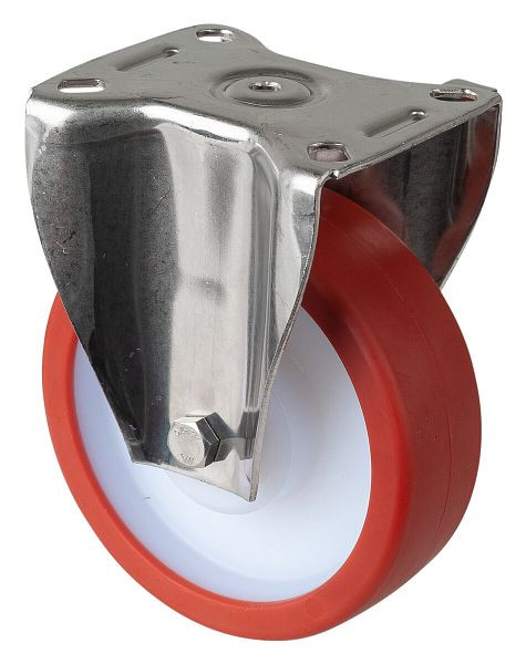 BS Rollen Edelstahl-Schwerlastrolle Bockrolle, Edelstahl, Gleitlager Polyurethanrad rot, Anschraubplatte 125 mm,Tragfähigkeit 300 kg, HS110.B27.125