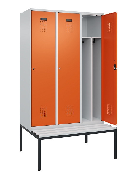 C+P Spind Evolo PLUS, 3 Abteile, 2120x1200x815mm, 7035/2004, Haken 4, Zylinderschloss, Sitzfläche Kunststoff, Sitzbank, Trennwand, 0490507-32F S10083
