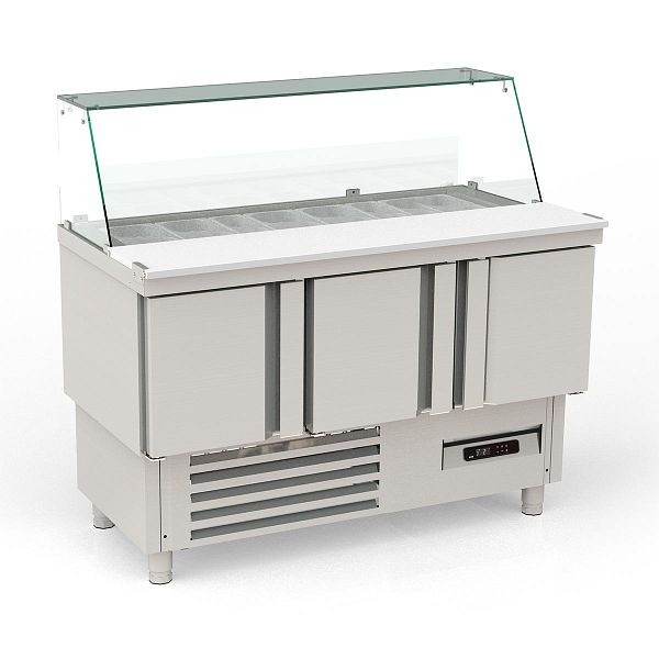 Vaiotec TOPLINE Saladette 700 / 3-fach mit Türen, Glasaufsatz schräg, GN 1/6 & 1/9, Breite: 1375 mm, 11604