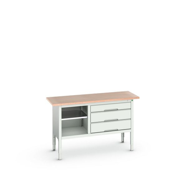 bott verso Kastenwerkbank mit einstellbarer Arbeitshöhe und offenem Schrank mit 3 Schubladen, 1500x600x830-930mm, Lichtgrau/Lichtgrau, 16923013.16