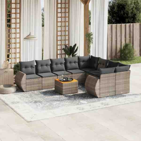 vidaXL 10-tlg. Garten-Sofagarnitur mit Kissen Grau Poly Rattan, UV-beständig, 3257495