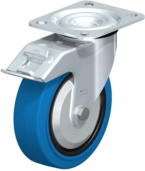 Blickle L-POEV 125XR-FI-SB-FA Stahlblech-Lenkrolle, mittelschwere Ausführung, mit Anschraubplatte & Feststeller, Elastik-Vollgummi, Blau, 850551