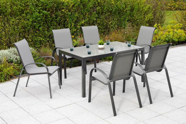 Merxx Amalfi Set 7-teilig, 6 Amalfi Stapelsessel, 1 Tisch, 150 x 90 cm, graue Glasplatte, graphit/grau, Aluminiumgestell mit Textilbespannung, 50324-309