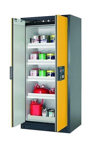 asecos Sicherheitsschrank Q-CLASSIC-90, Q90.195.090 in sicherheitsgelb RAL 1004 mit 4x Wannenboden Standard (Polypropylen), 30041-040-30052